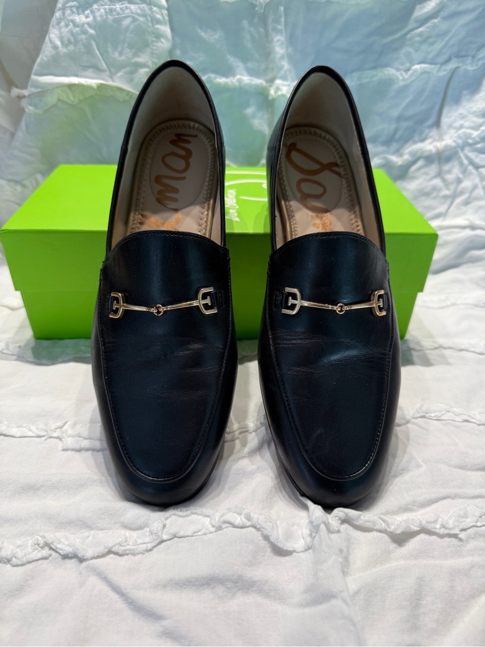 Sam Edelman Black Leather Loafers with Gold Horsebit